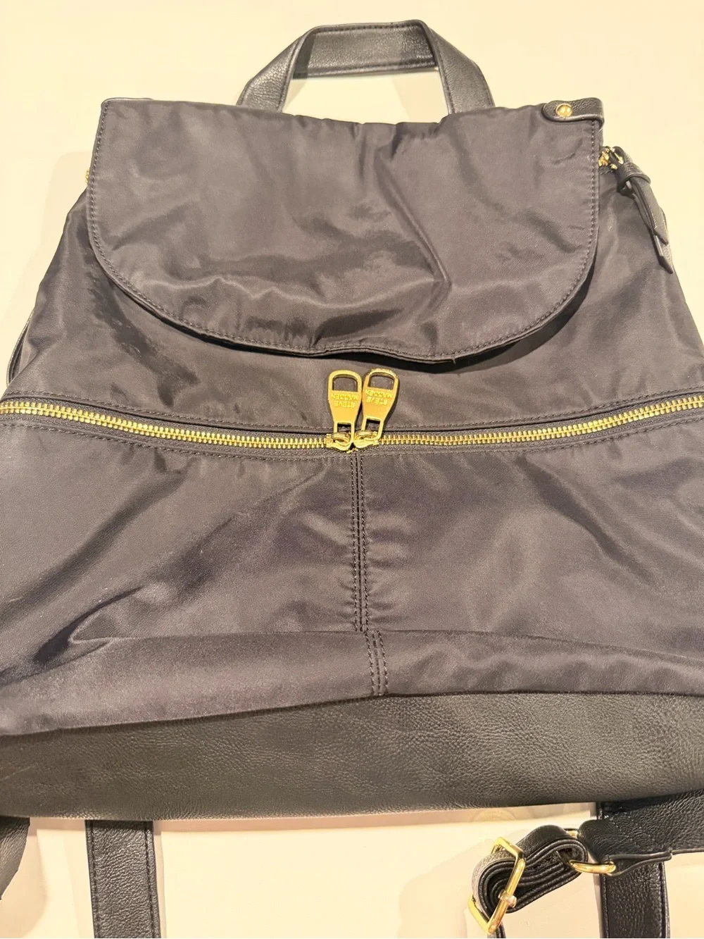 Steve Madden Bspencer Black Nylon Flap Backpack - Gold Hardware
